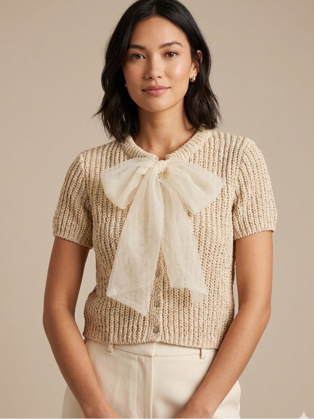 Zara Sz L Cream Knit Organza Bow Button Front Short Sleeves Sweater